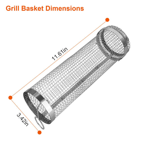 2-Pieces Stainless Steel Rolling Grill Basket Set – BBQ Mesh Tube with Hooks