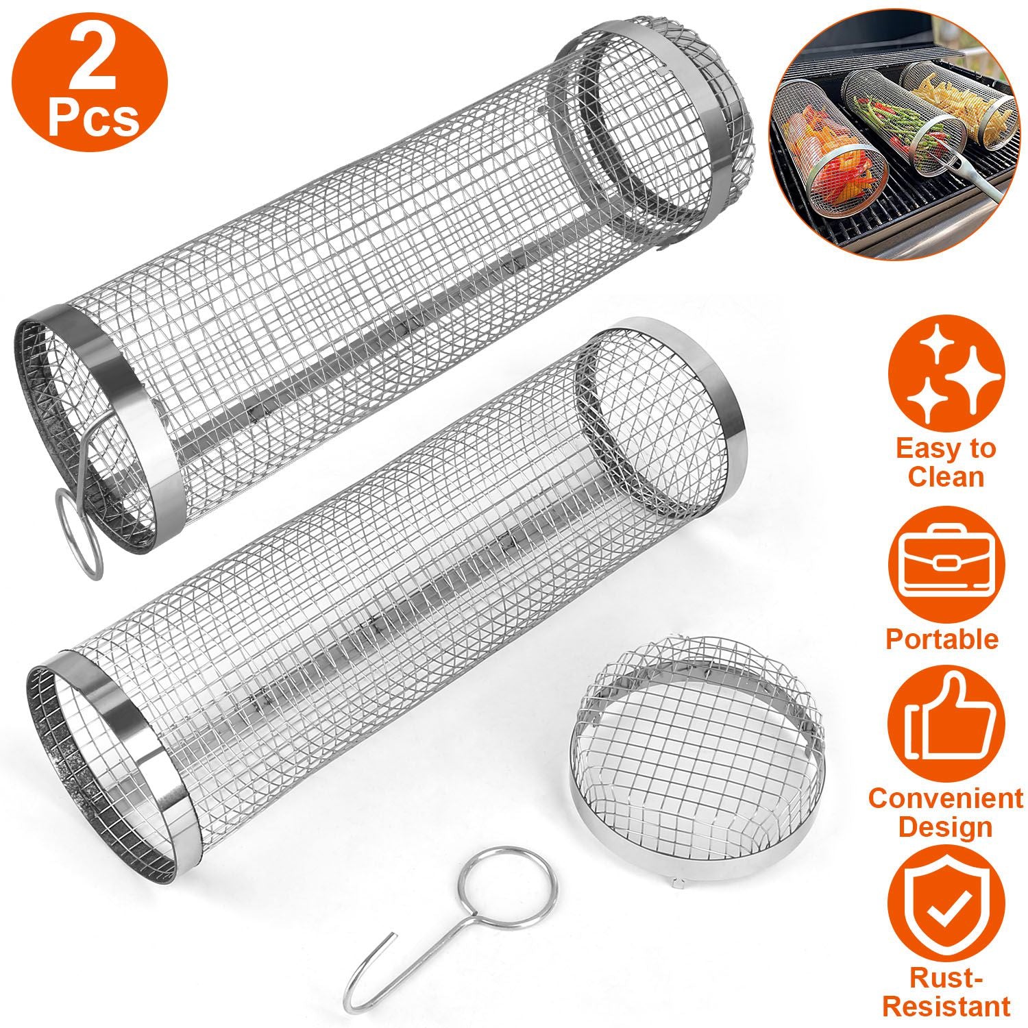 2-Pieces Stainless Steel Rolling Grill Basket Set – BBQ Mesh Tube with Hooks