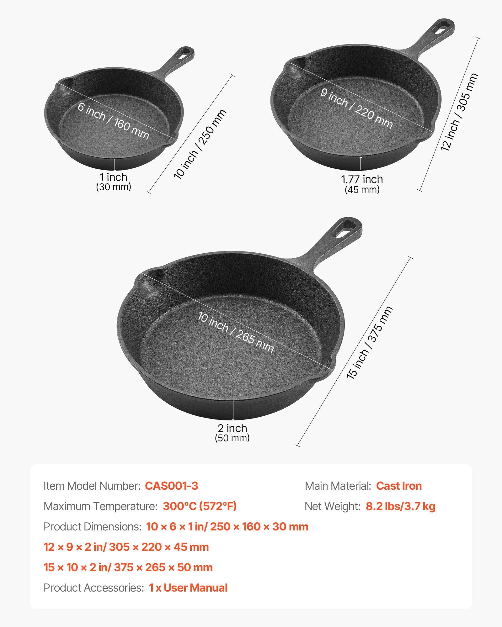 3-Piece Cast Iron Skillet Set (6”, 8”, 10”) – Pre-Seasoned Heavy-Duty Frying Pans