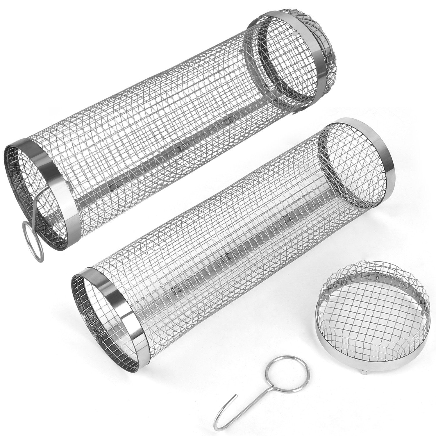 2-Pieces Stainless Steel Rolling Grill Basket Set – BBQ Mesh Tube with Hooks